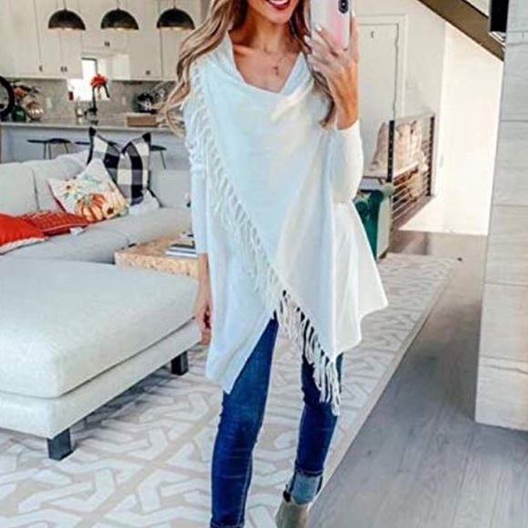 Fringe Trim Cowl Neck Wrap Style Sweater Ivory - Picture 2 of 7